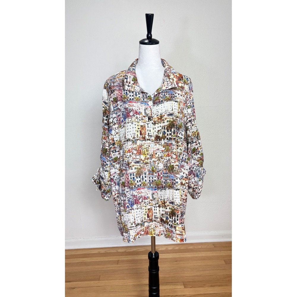 John Mark Mediterranean Cityscape Button Up Tunic Top Size XL Boho Resort Travel